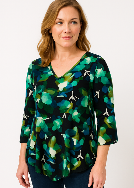Top Green Print With Round Neck 3/4 Sleeve
