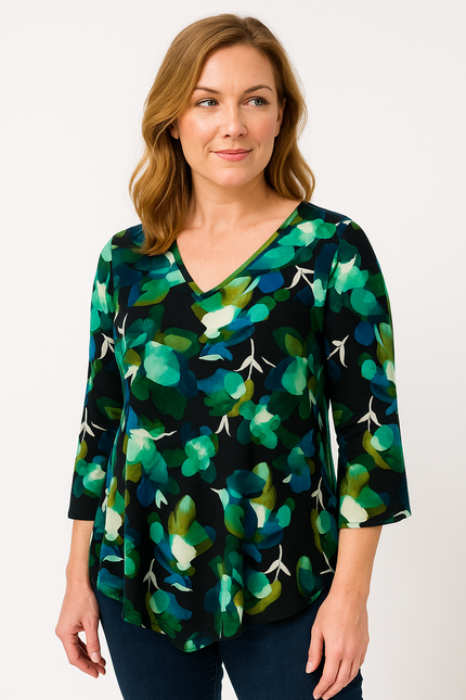 Top Green Print With Round Neck 3/4 Sleeve