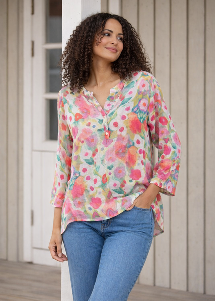 FLOWER PRINT TOP WITH FRONTBUTTON & 3/4 SLEEEVE PINK MULTI