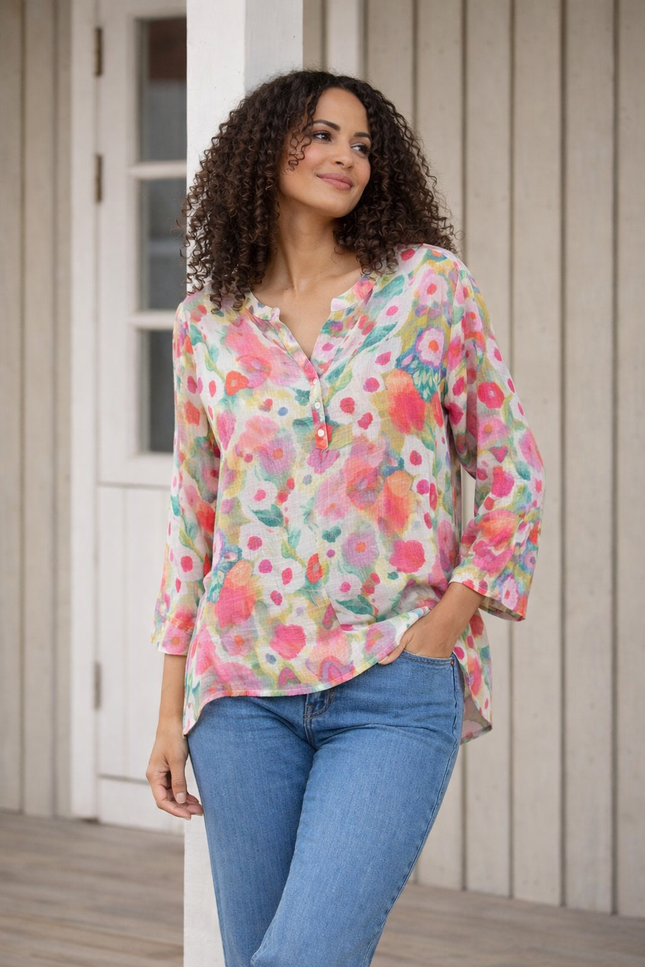 FLOWER PRINT TOP WITH FRONTBUTTON & 3/4 SLEEEVE PINK MULTI