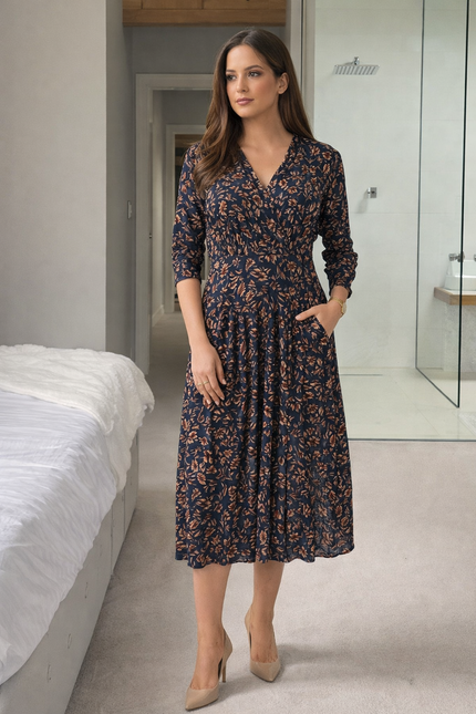 LONG SLEEVE V-NECK DRESS WITH SIDE POCKET