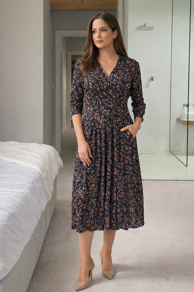 LONG SLEEVE V-NECK DRESS WITH SIDE POCKET