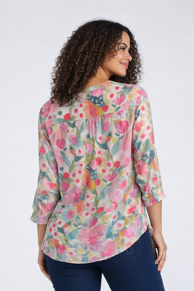 FLOWER PRINT TOP WITH FRONTBUTTON & 3/4 SLEEEVE PINK MULTI