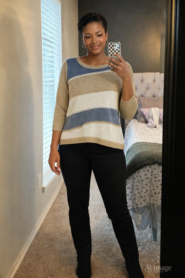 COLOUR STRIP PATTERN POPCORN JUMPER 3/4