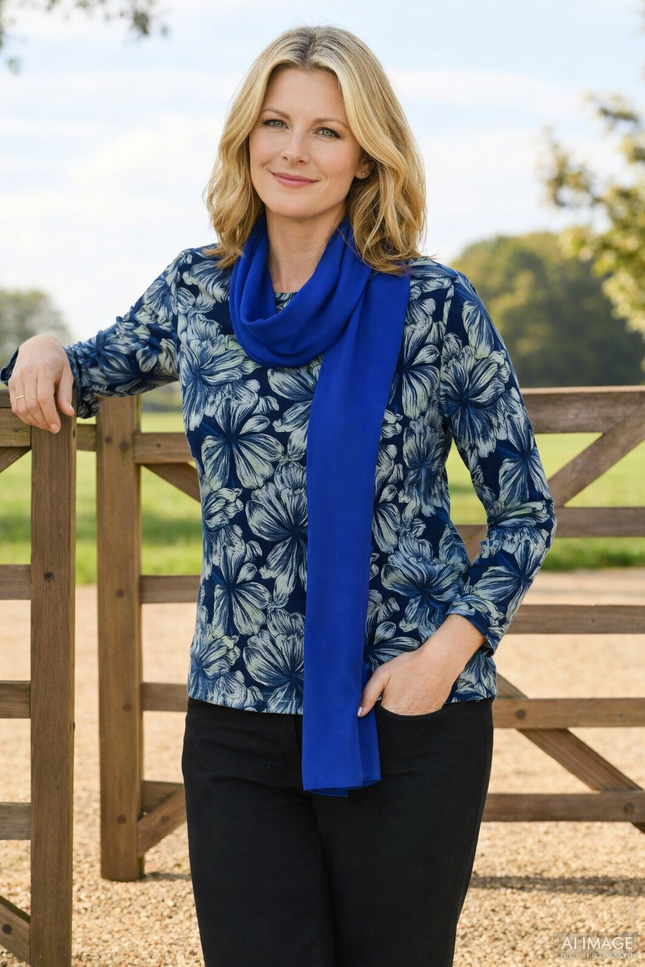 Flower Print Long Sleeve Top With Scarf