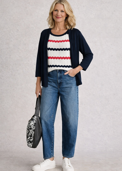 WAVY STRIPE INSERT MOCK CARDIGAN 3/4 SLEEVE