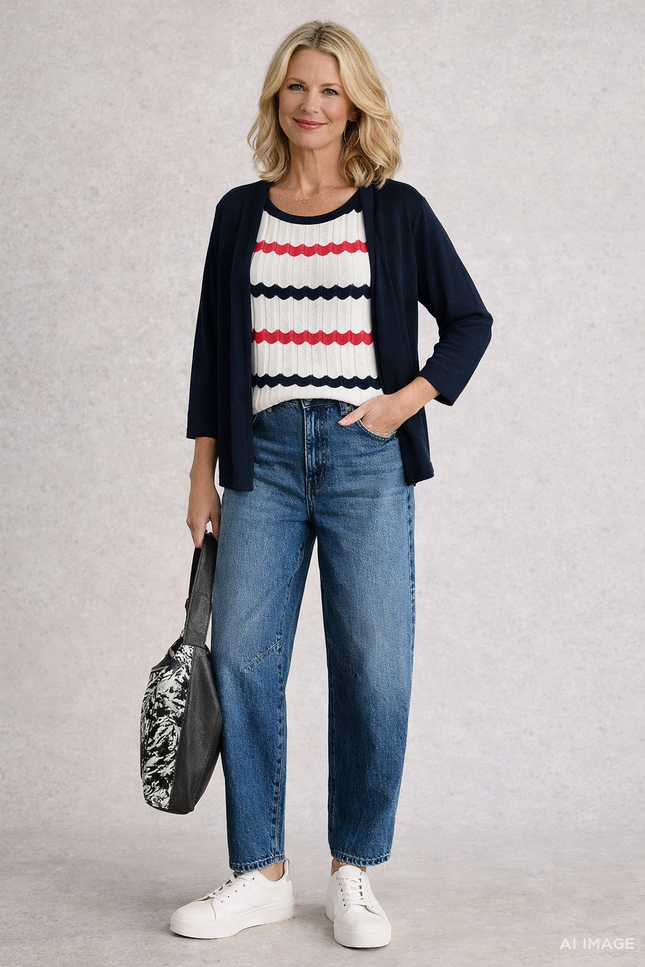 WAVY STRIPE INSERT MOCK CARDIGAN 3/4 SLEEVE