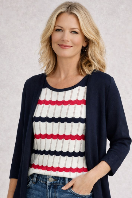 WAVY STRIPE INSERT MOCK CARDIGAN 3/4 SLEEVE