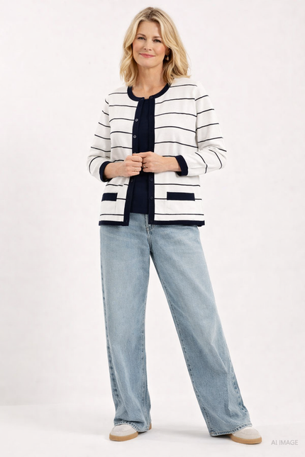 STRIPE MOCK CARDIGAN WITH VEST 3/4 SLEEV - WHITE NAVY