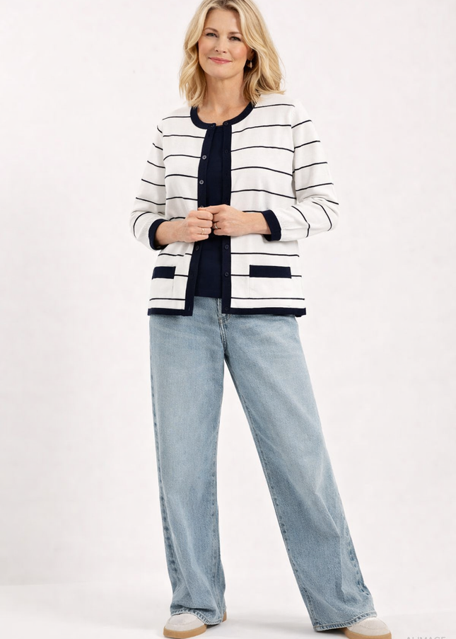 Cardigan stripe mock with vest 3/4 sleeve -white navy