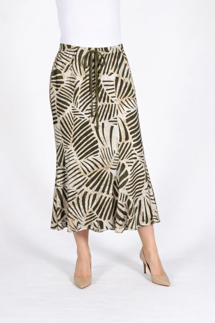 OLIVE SKIRT WITH ELASTICATED WAIST AND TIE BELT