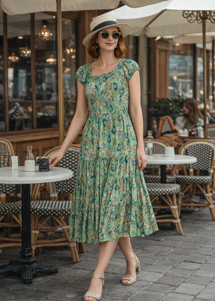 GREEN FLORAL PRINT GATHERED NECKLINE DRESS CAP SLEEVE