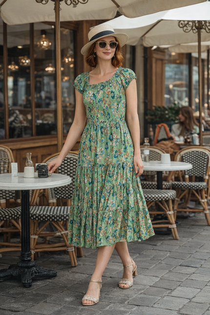 GREEN FLORAL PRINT GATHERED NECKLINE DRESS CAP SLEEVE