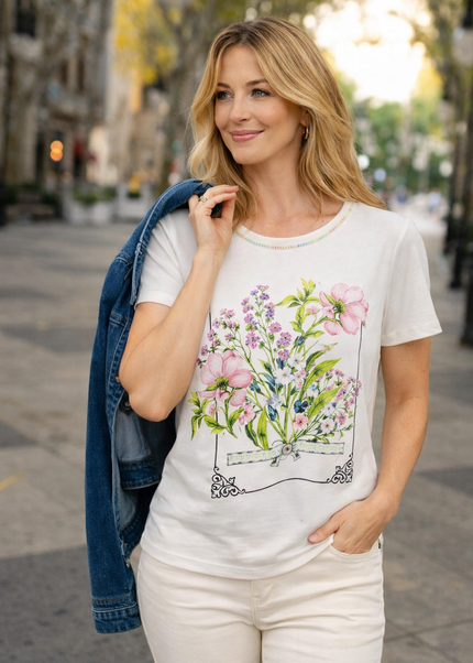 FLOWER PRINT FANCY NECKLINE T-SHIRT ROUND NECK