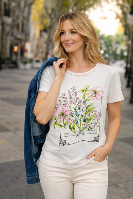 FLOWER PRINT FANCY NECKLINE T-SHIRT ROUND NECK