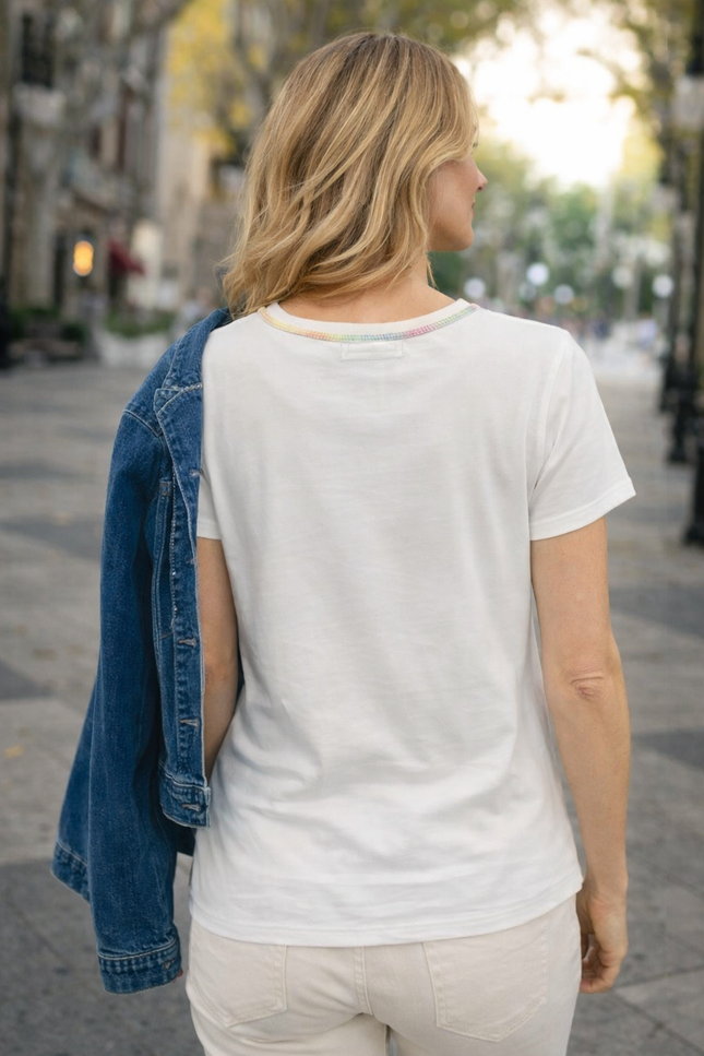 FLOWER PRINT FANCY NECKLINE T-SHIRT ROUND NECK