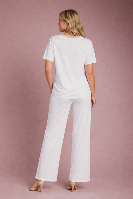 BOLD FLOWER PRINT TOP LUREX TRIM ROUND NECK