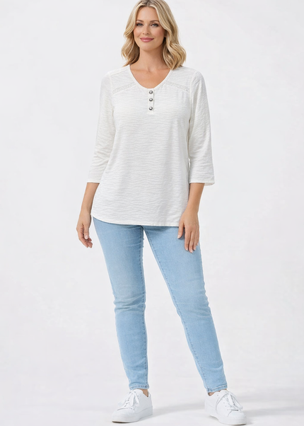 AIR FLOW BUTTON DETAIL LACE TRIM ROUND NECK