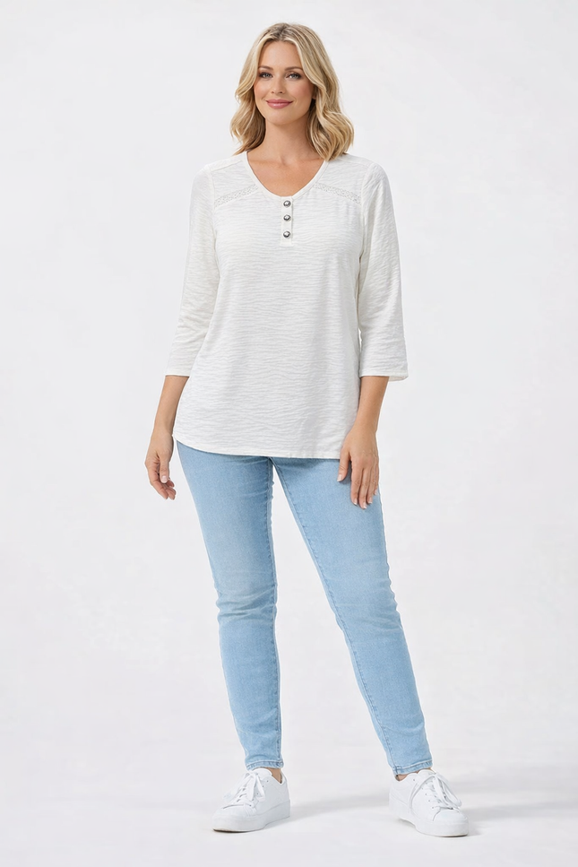 AIR FLOW BUTTON DETAIL LACE TRIM ROUND NECK