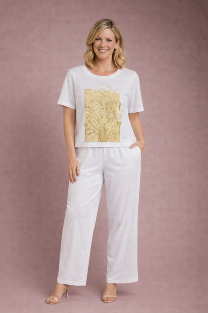 BOLD FLOWER PRINT TOP LUREX TRIM ROUND NECK