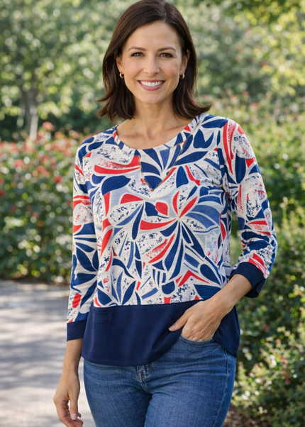 ANIMAL PRINT TOP WITH BUTTON PLACKET 3/4 SLEEVE