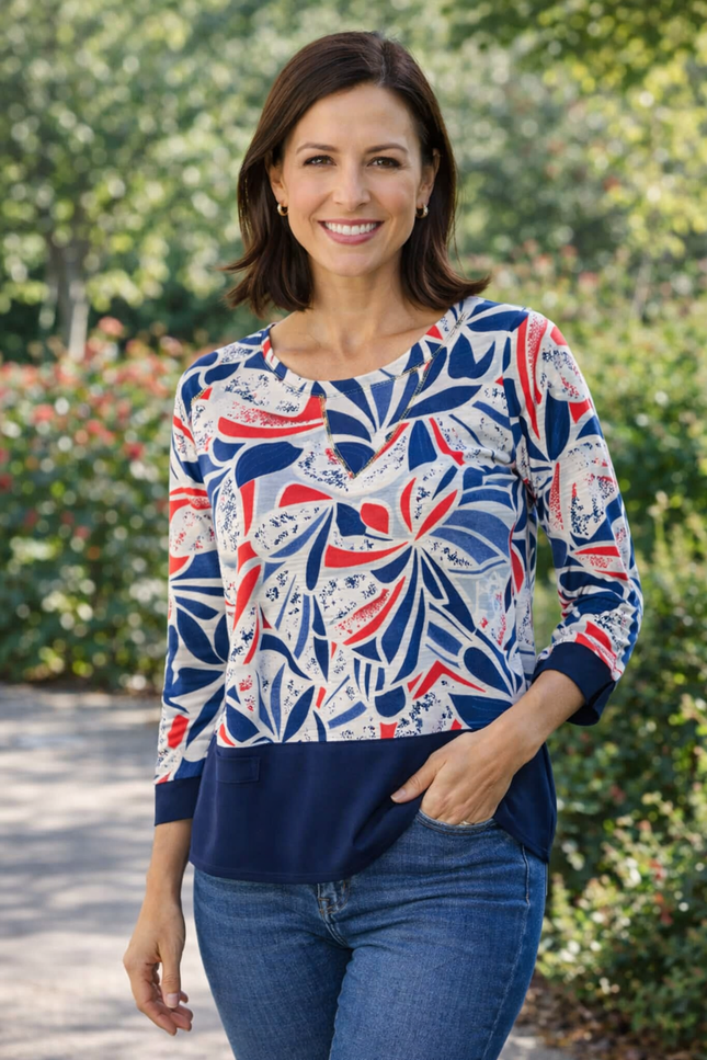 ANIMAL PRINT TOP WITH BUTTON PLACKET 3/4 SLEEVE