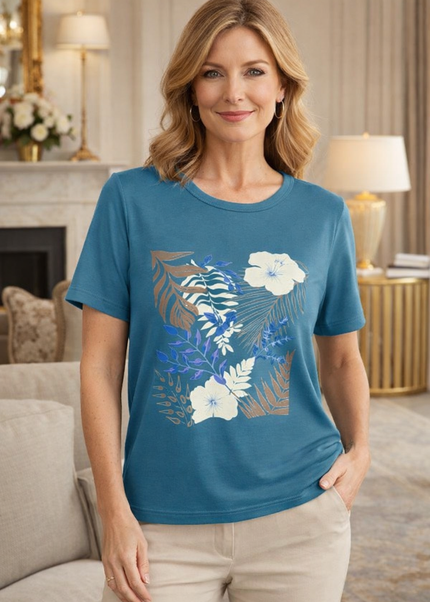Top Jungle Flower Print Round Neck Short