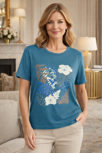 Top Jungle Flower Print Round Neck Short