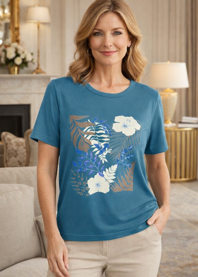Top Jungle Flower Print Round Neck Short