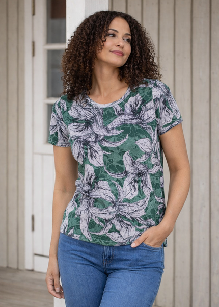 GREEN FLOWER PRINT T-SHIRT ROUND NECK