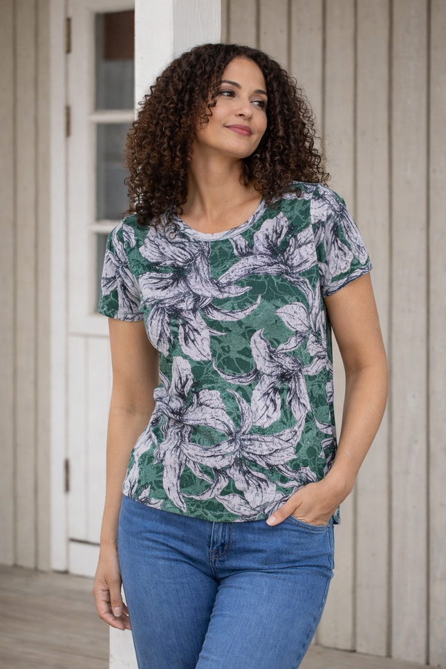 GREEN FLOWER PRINT T-SHIRT ROUND NECK