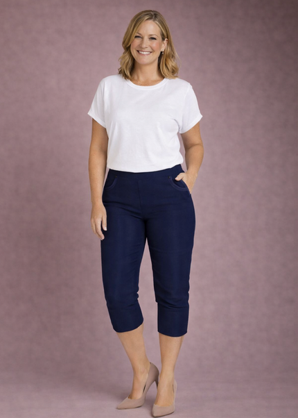 NAVY CROP 22 INCH TROUSER EMBR POCKET HEM DETAIL