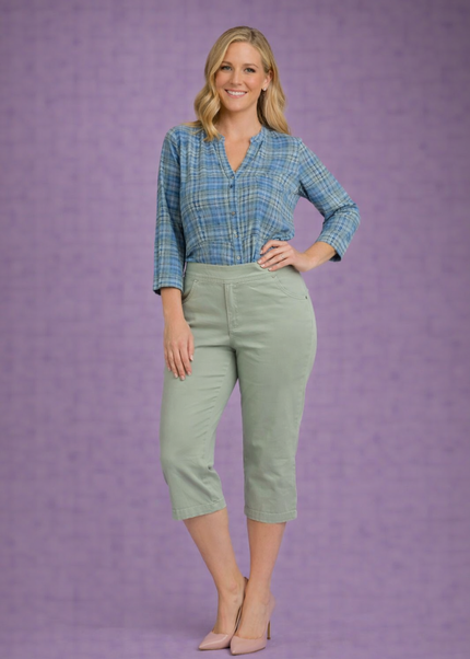 SAGE COLOR CROP 22 INCH STRETCH TROUSER ELASTIC WAIST