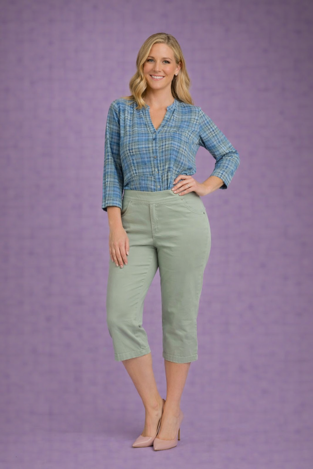 SAGE COLOR CROP 22 INCH STRETCH TROUSER ELASTIC WAIST