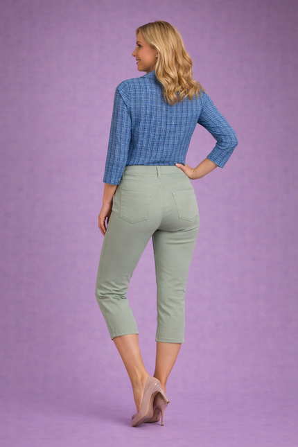 SAGE COLOR CROP 22 INCH STRETCH TROUSER ELASTIC WAIST