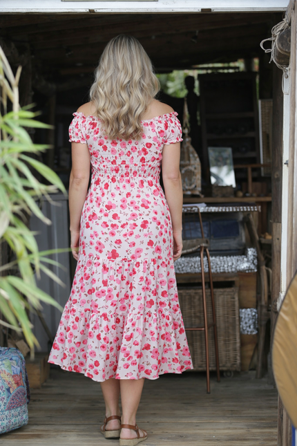 Dress pink printed gathered neckline cap sleeve
