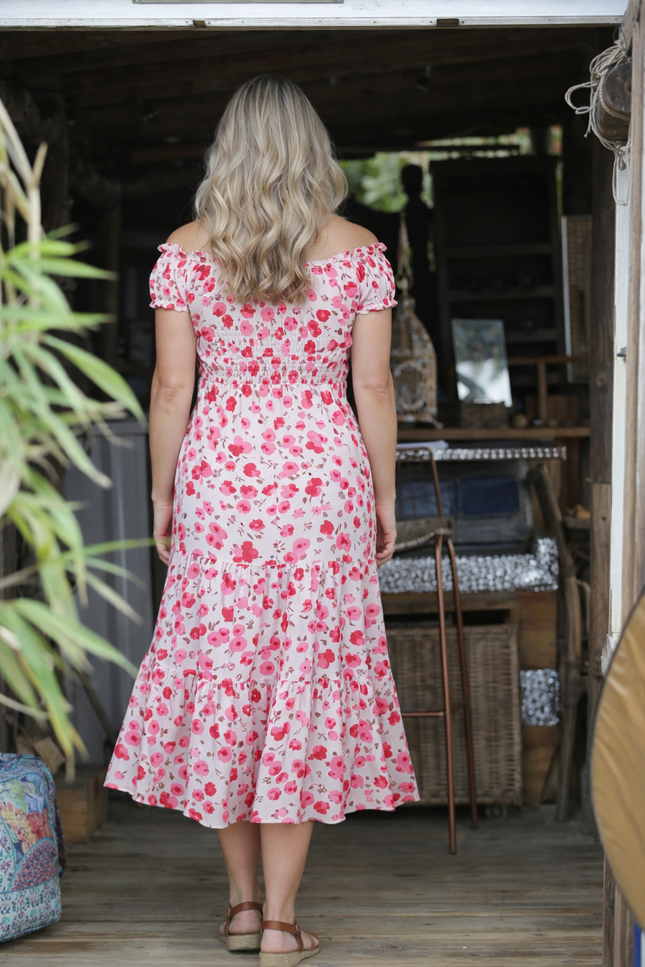 PINK PRINTED GATHERED NECKLINE DRESS CAP SLEEVE