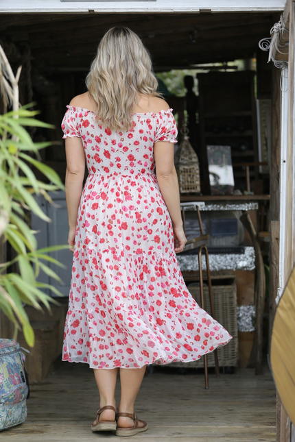 PINK PRINTED GATHERED NECKLINE DRESS CAP SLEEVE