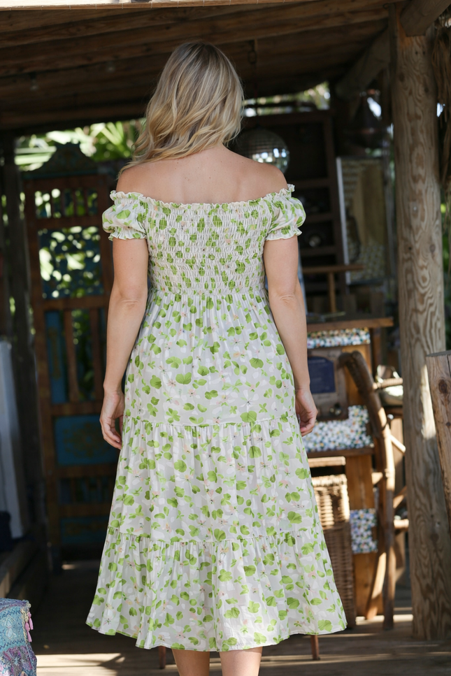 GREEN PRINTED GATHERED NECKLINE DRESS CAP SLEEVE