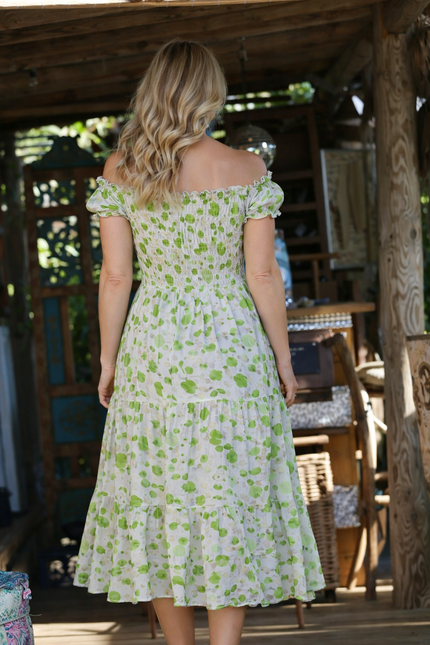 GREEN PRINTED GATHERED NECKLINE DRESS CAP SLEEVE