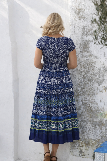 Dress border print cap sleeve