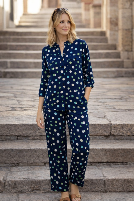 Trouser navy green spot  with tie belt