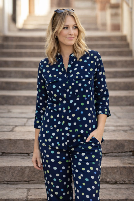 NAVY GREEN SPOT PRINT TOP WITH 3/4 SLEEVE