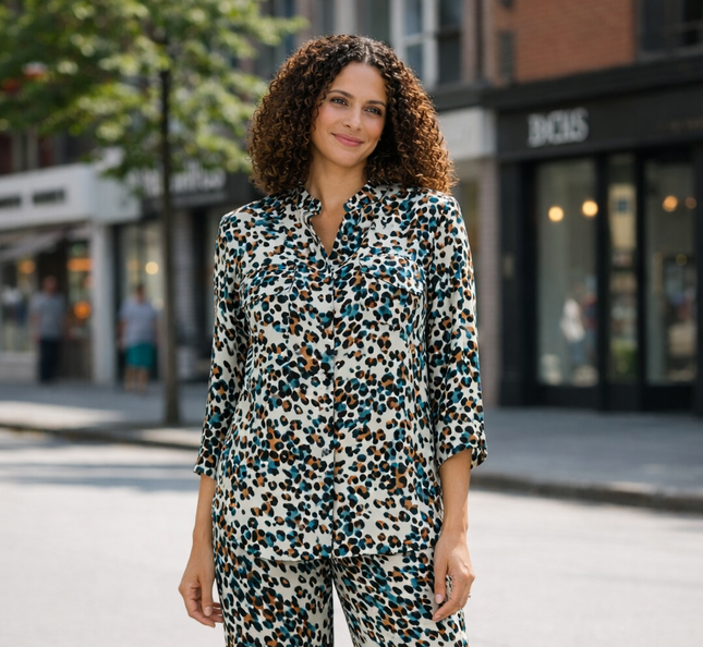 MULTI PRINT 1/2 BUTTON PLACKET WITH 3/4 SLEEVE