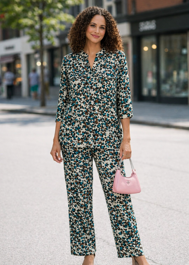 Top multi print 1/2 button placket with 3/4 sleeve