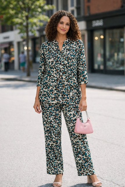 Trouser teal multi print with tie belt