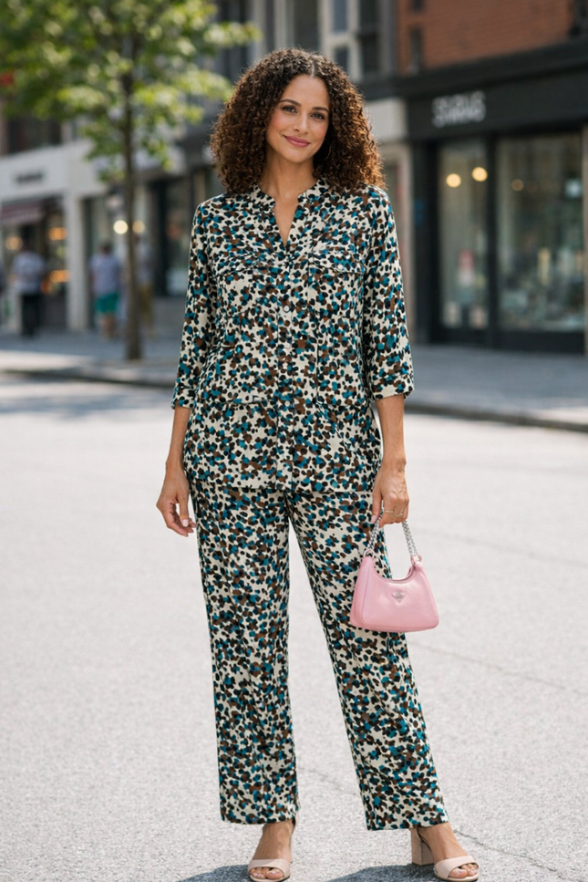 TEAL MULTI MULTI PRINT TROUSER WITH TIE BELT