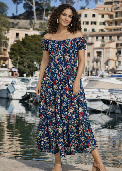 FLOWER PRINTED GATHERED NECKLINE DRESS