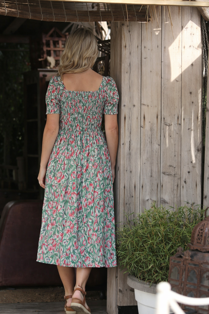 MULTI PRINT SQUARE NECK FLORAL PRINT CRINKLE DRESS