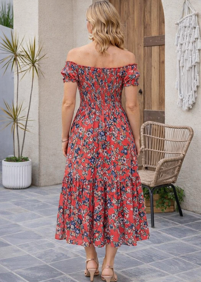 Dress floral print gathered neckline cap sleeve